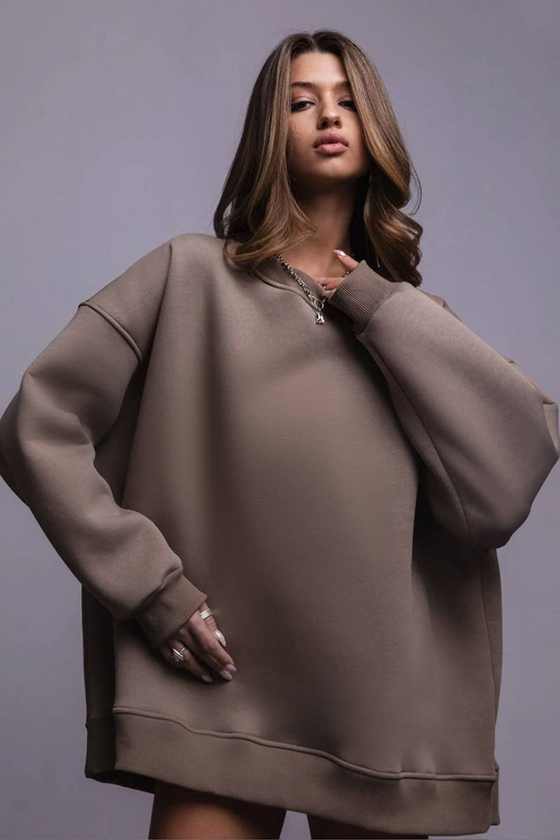 CWTBLL1669_SOLID COLOR BAGGY LONG-SLEEVED CREW-NECK TOP