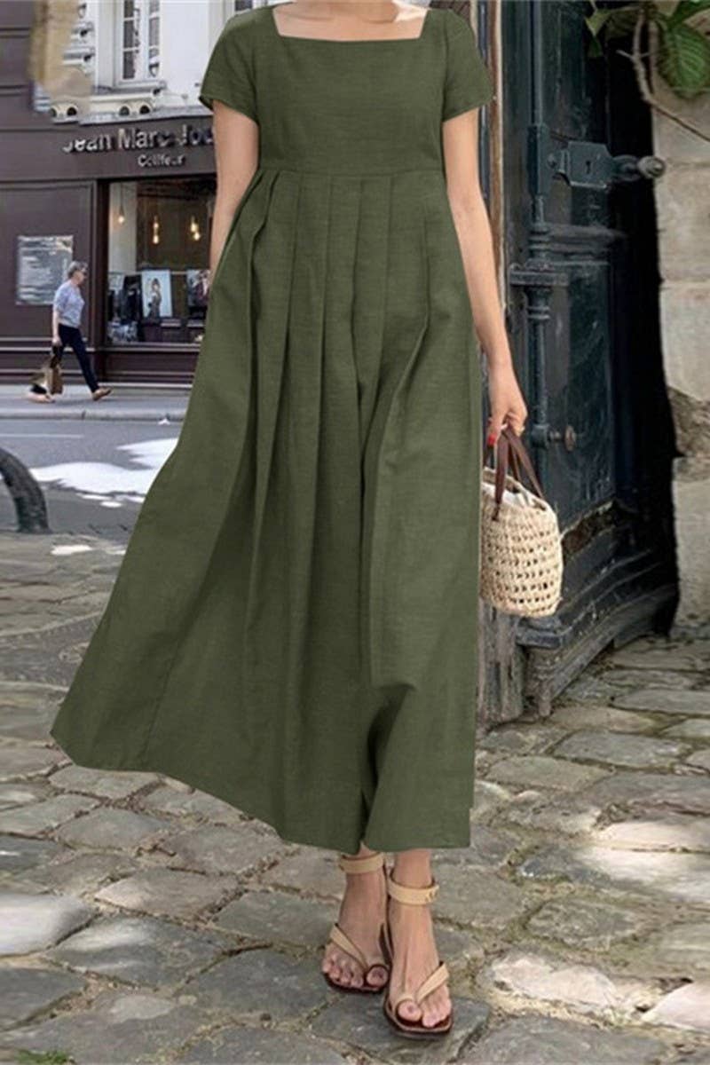 CWDMD3157_COTTON AND LINEN  SQUARE NECK LONG DRESS