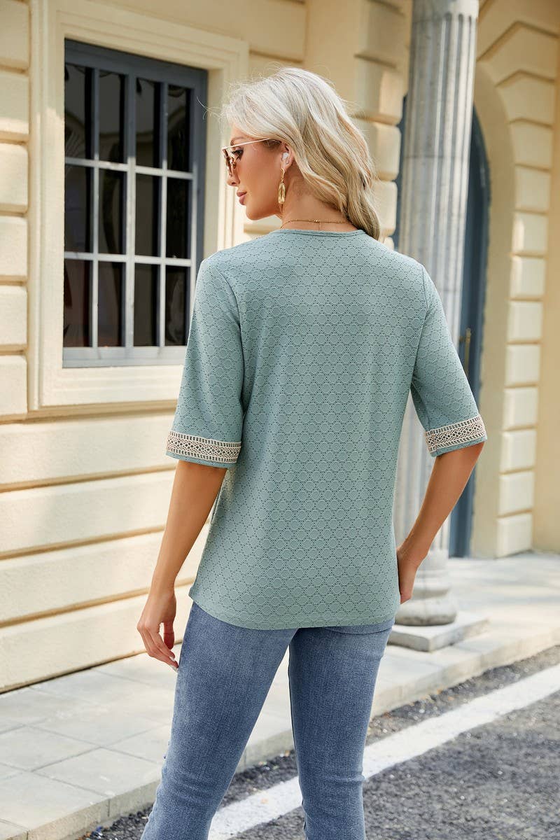 CWTTS0819_V-Neck Lace Trim Short Sleeve Knit Top