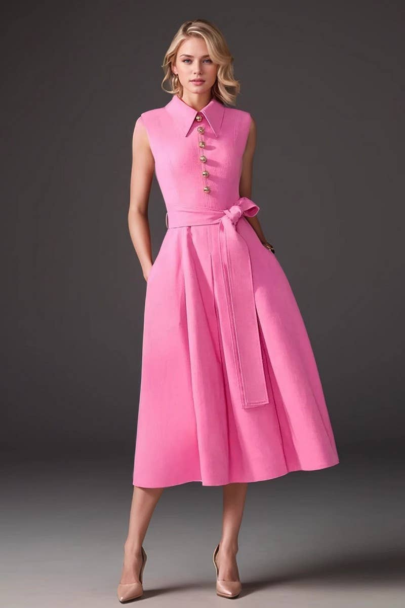 CWTDSSL0019_SLEEVELESS STAND COLLAR BELTED ELEGANT DRESS