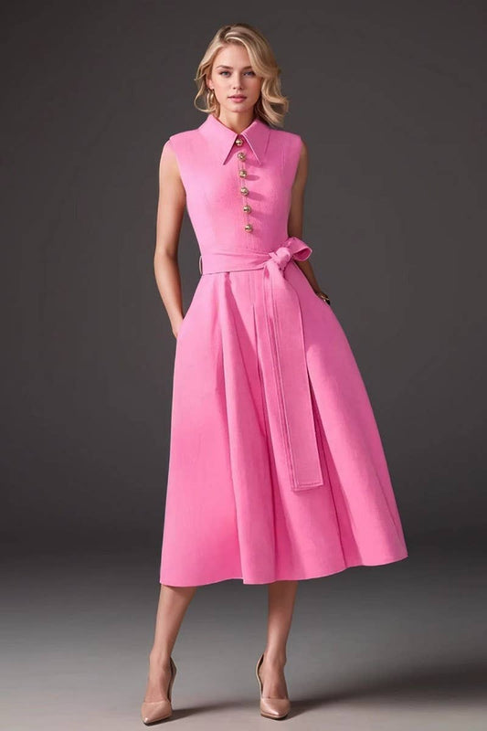 CWTDSSL0019_SLEEVELESS STAND COLLAR BELTED ELEGANT DRESS