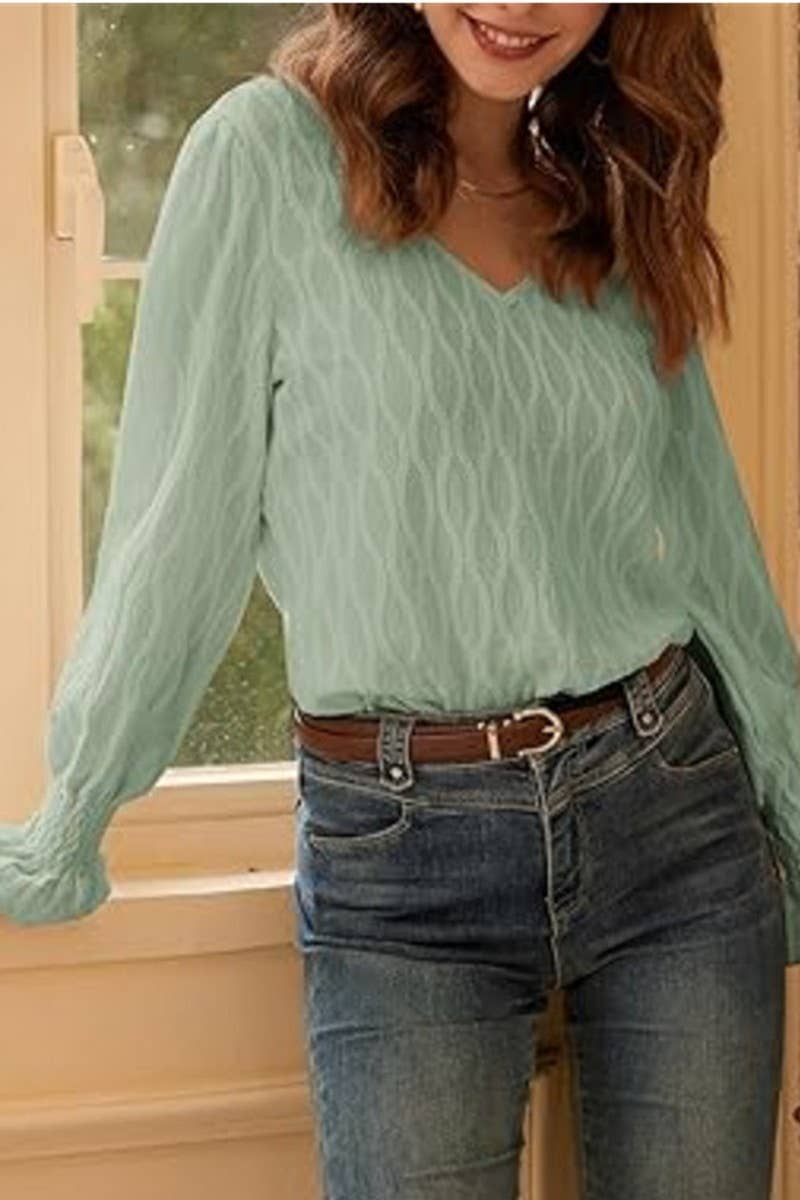 CWTBLL3616_SOLID COLOR V-NECK LONG-SLEEVED T-SHIRT TOP