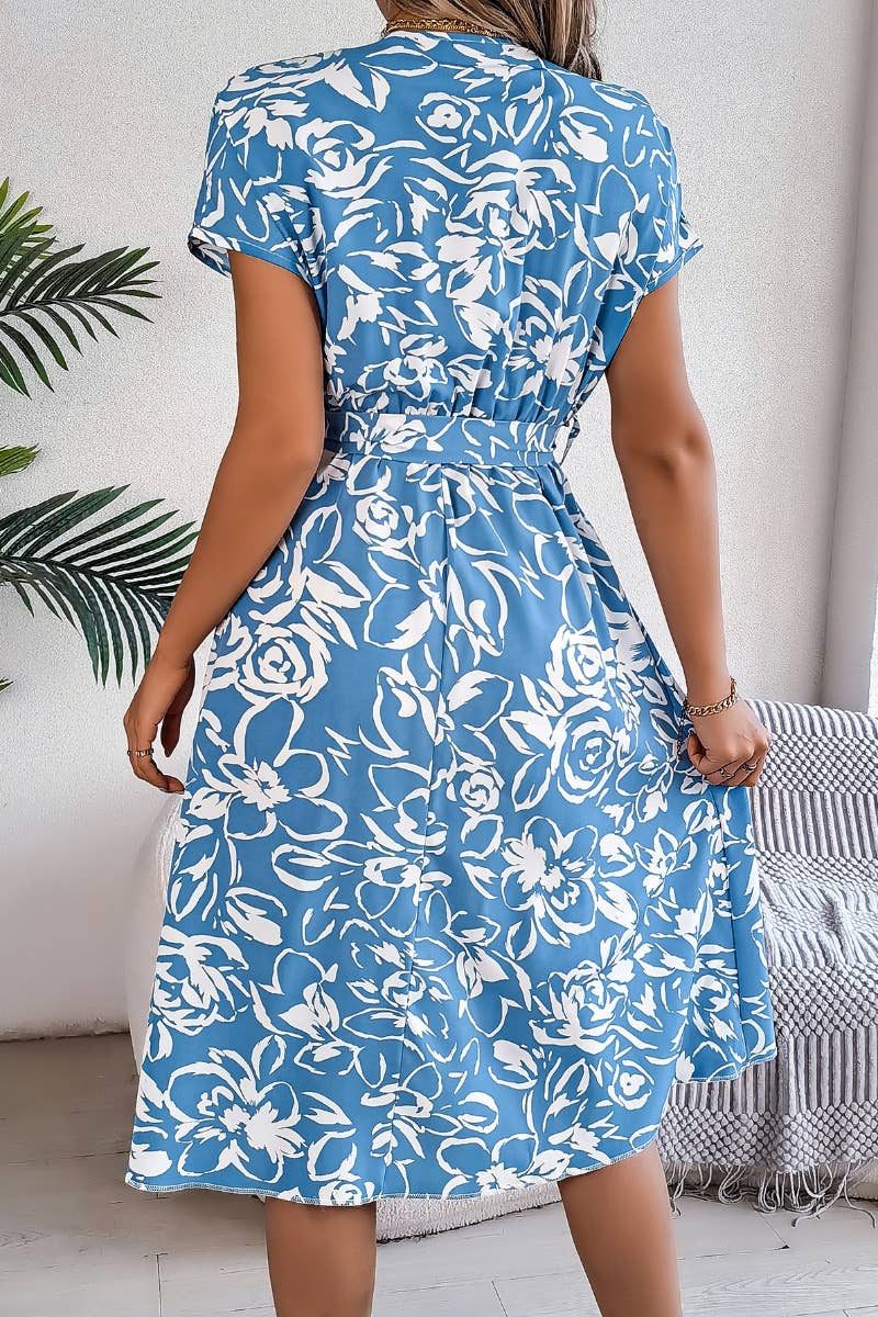 CWDMD2629_SUMMER V-NECK BAT-SLEEVE FLOWER DRESS LONG