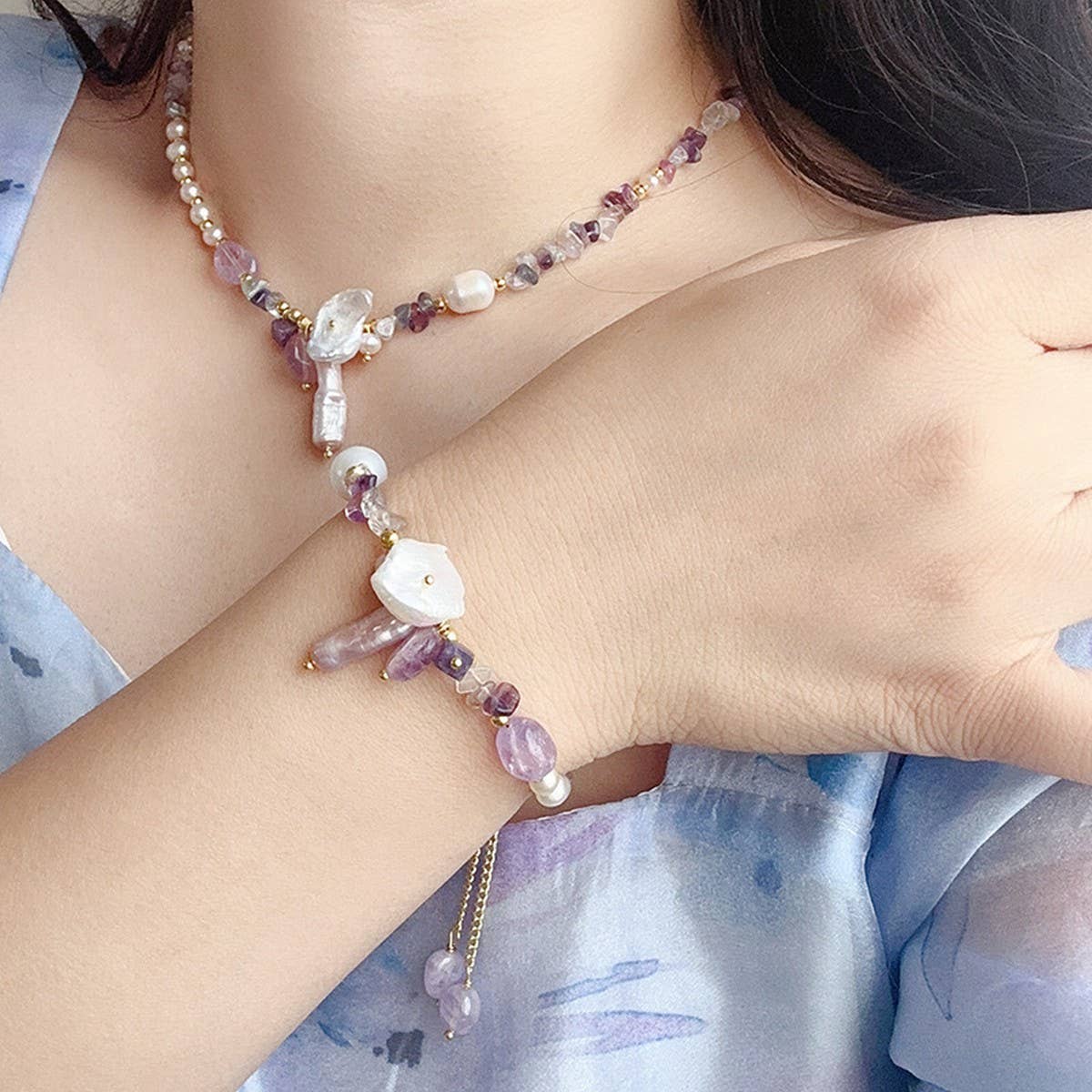 NATURAL STONE PEARL FRENCH NECKLACE BRACELET