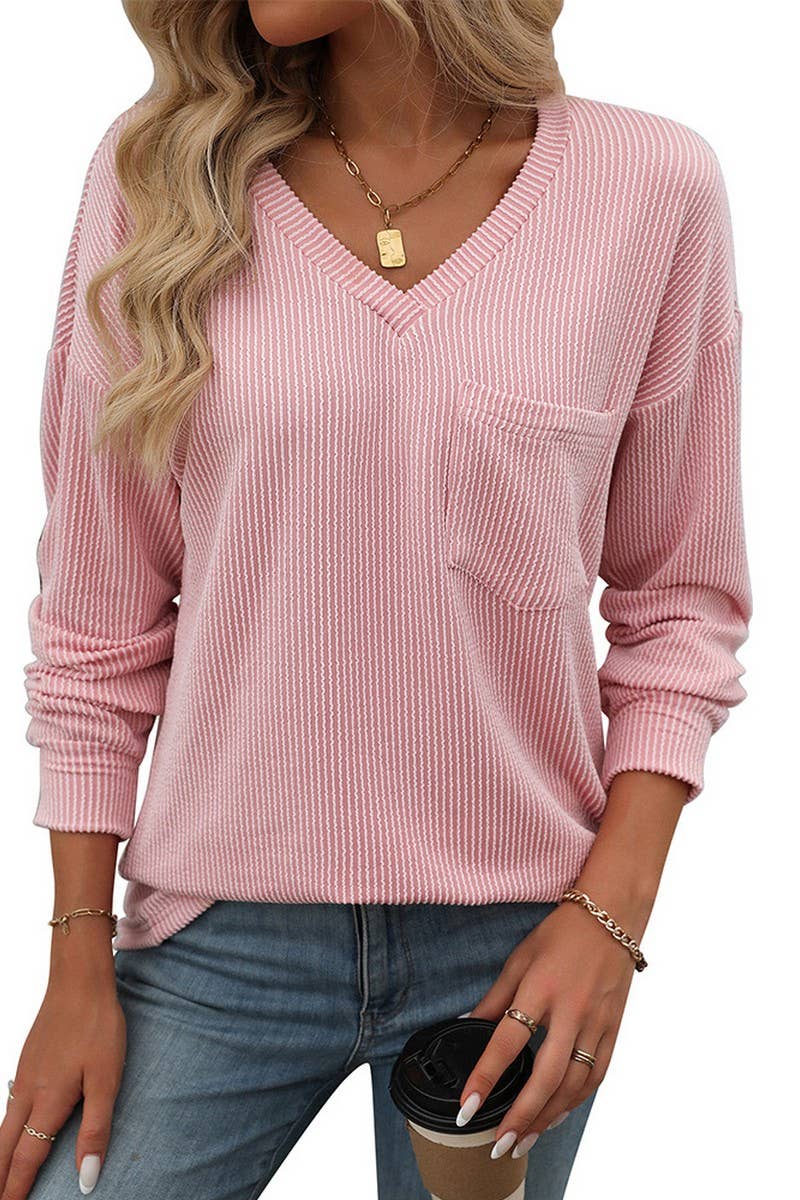 CWTBLL1506_V-NECK COLORBLOCK TWIST LONG-SLEEVED T-SHIRT