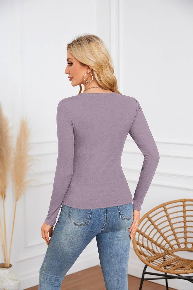 CWTBLL4097_DEEP U-NECK CROSS-OVER LONG-SLEEVED T-SHIRT TOP