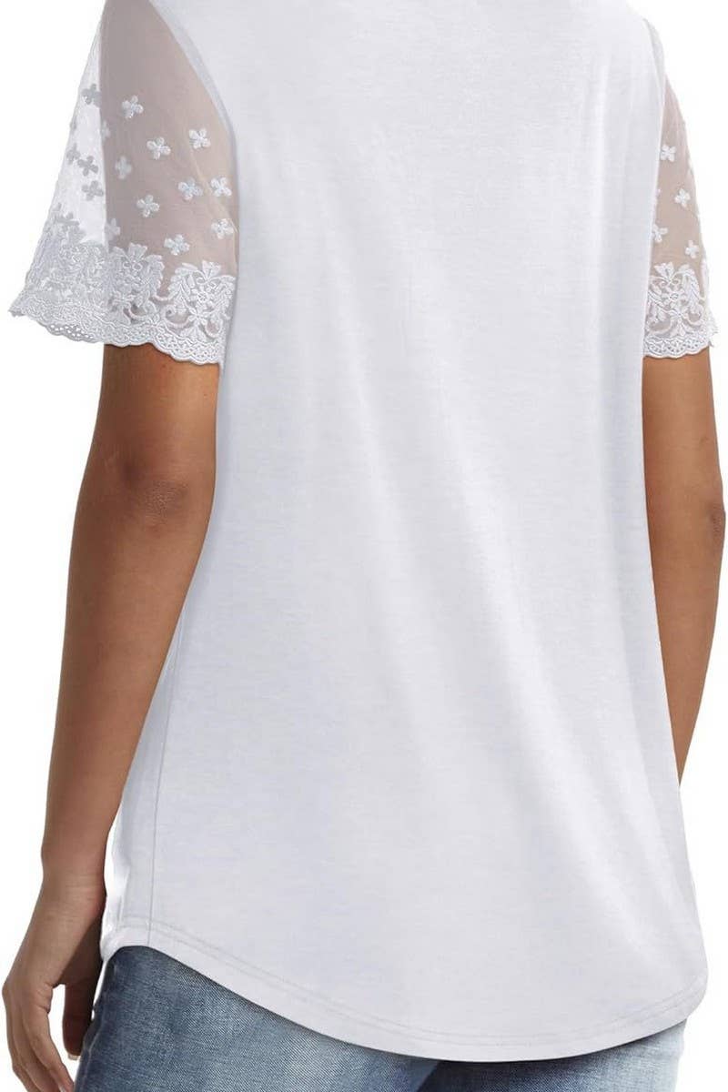 CWTBLS1431_V-NECK LACE STITCHING SHORT-SLEEVED TOP