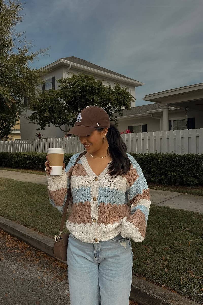 CWOCAL2358_COLORBLOCK V-NECK KNIT BUTTON CARDIGAN