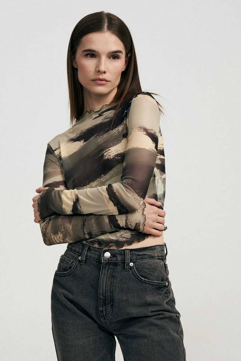 CWTBLL3948_SEXY LEOPARD MESH PRINT SLIM FIT TEE TOP