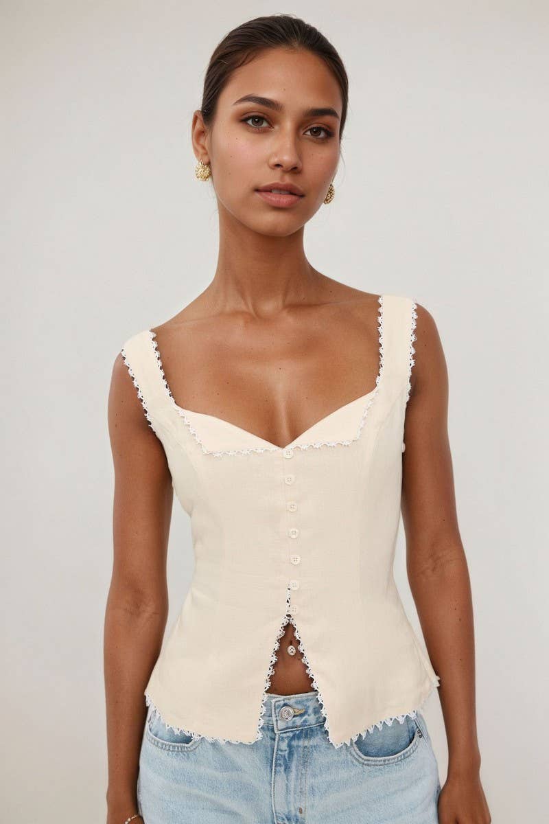 CWTTK1199_LACE TRIM BUTTON FRONT LINEN BLEND CAMI TOP