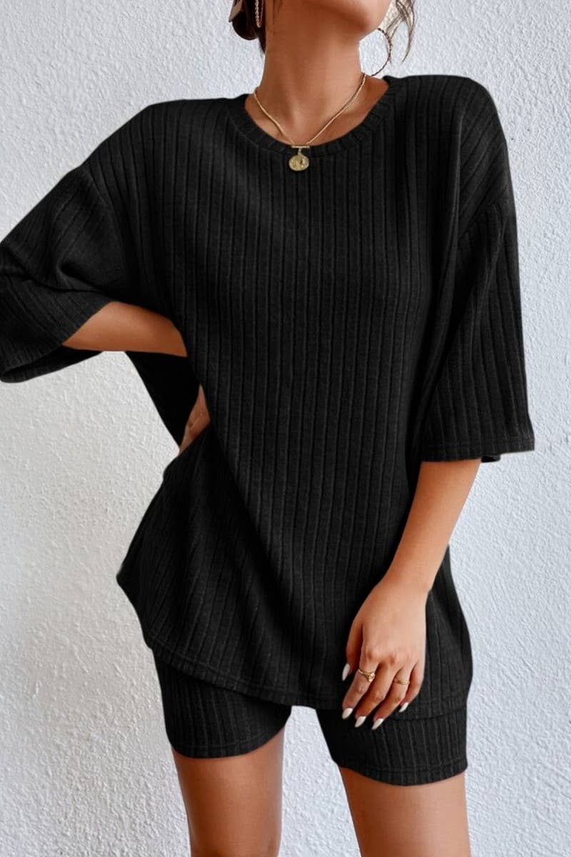 CWSTB1361_SOLID COLOR ROUND NECK LOOSE TOP AND SHORTS SET