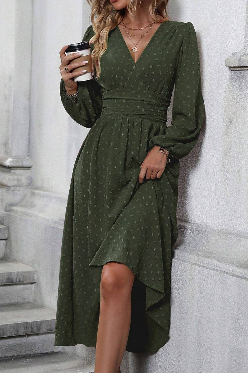 CWDMD3949_SLANTED NECK BALLOON SLEEVES PLEATED WAIST DRESS