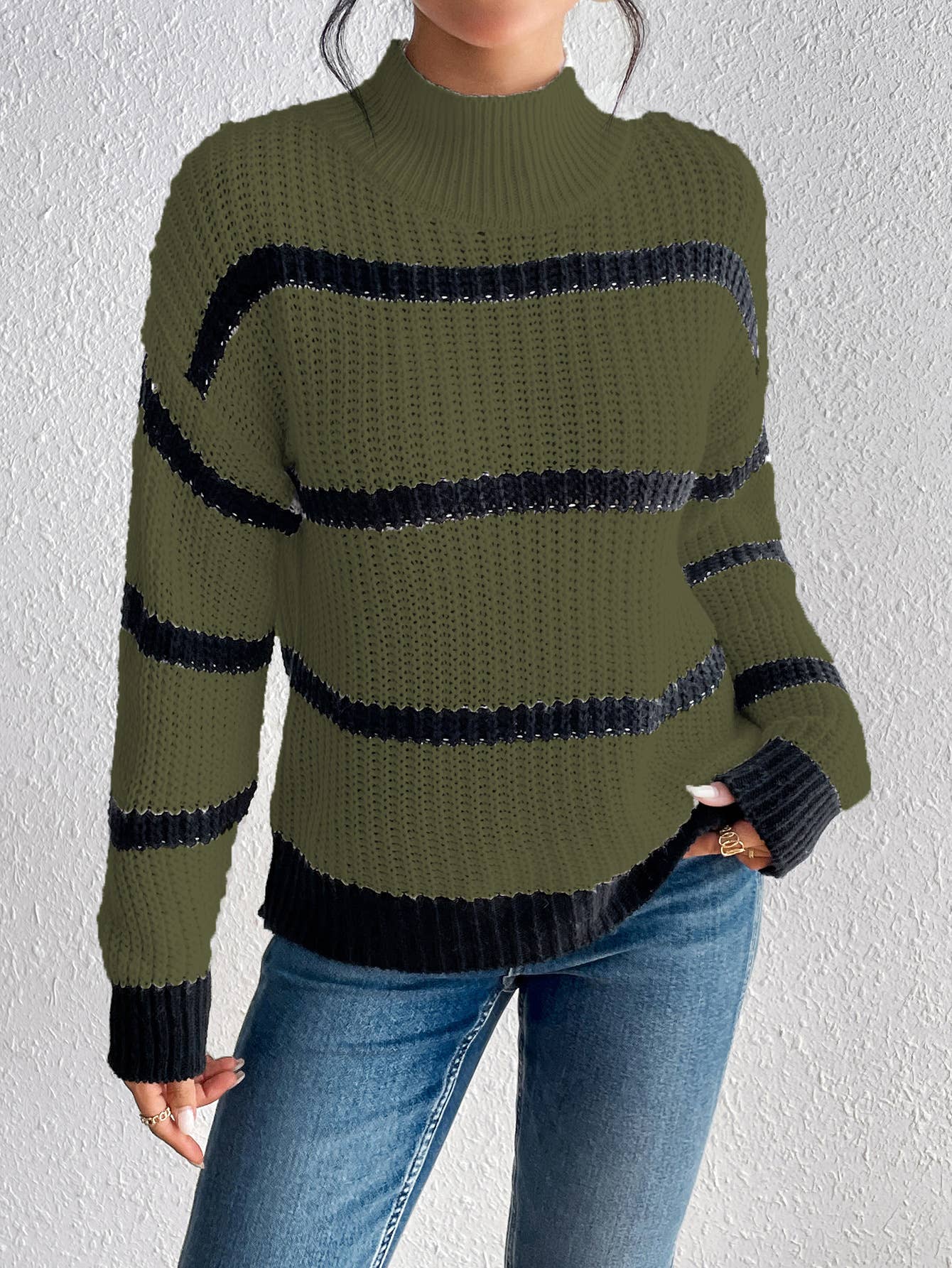 CWOSWL1164_Turtle Neck Long Sleeve Pullover Striped Sweater