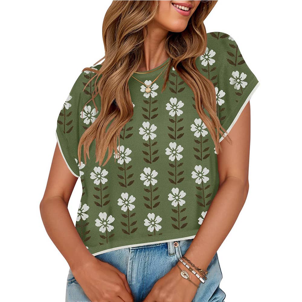 Crop short sleeve crew-neck knit floral sweater