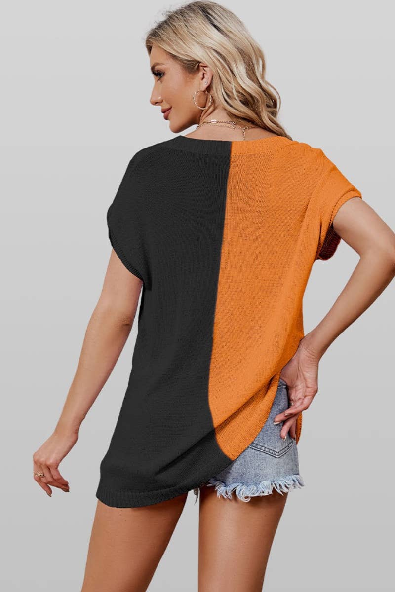 CWTBLSL0298_V-NECK COLOR CONTRAST SHORT-SLEEVED TOP