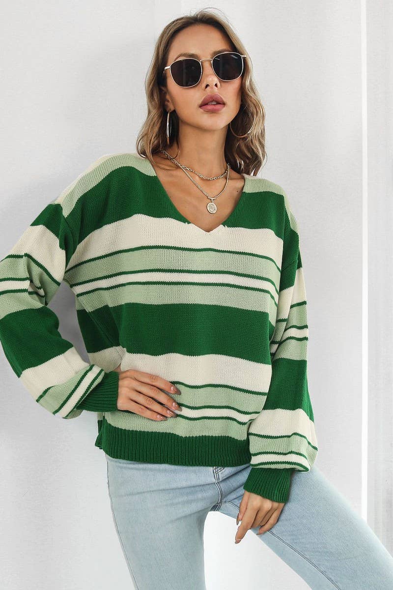 CWOSWL4085_STRIPED GRADIENT V-NECK LONG SLEEVE KNIT SWEATER