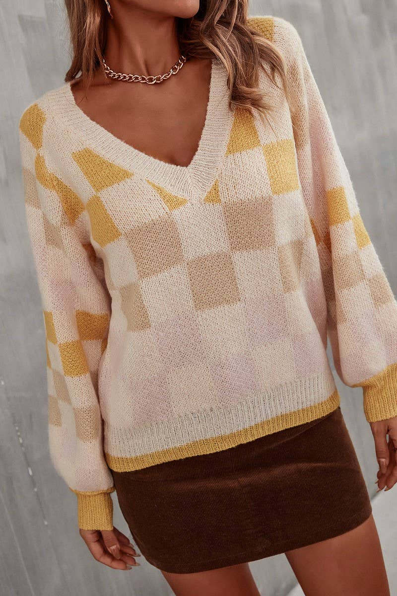 CWOSWL3174_V-NECK PLAID CONTRAST KNITTED PULLOVER SWEATER