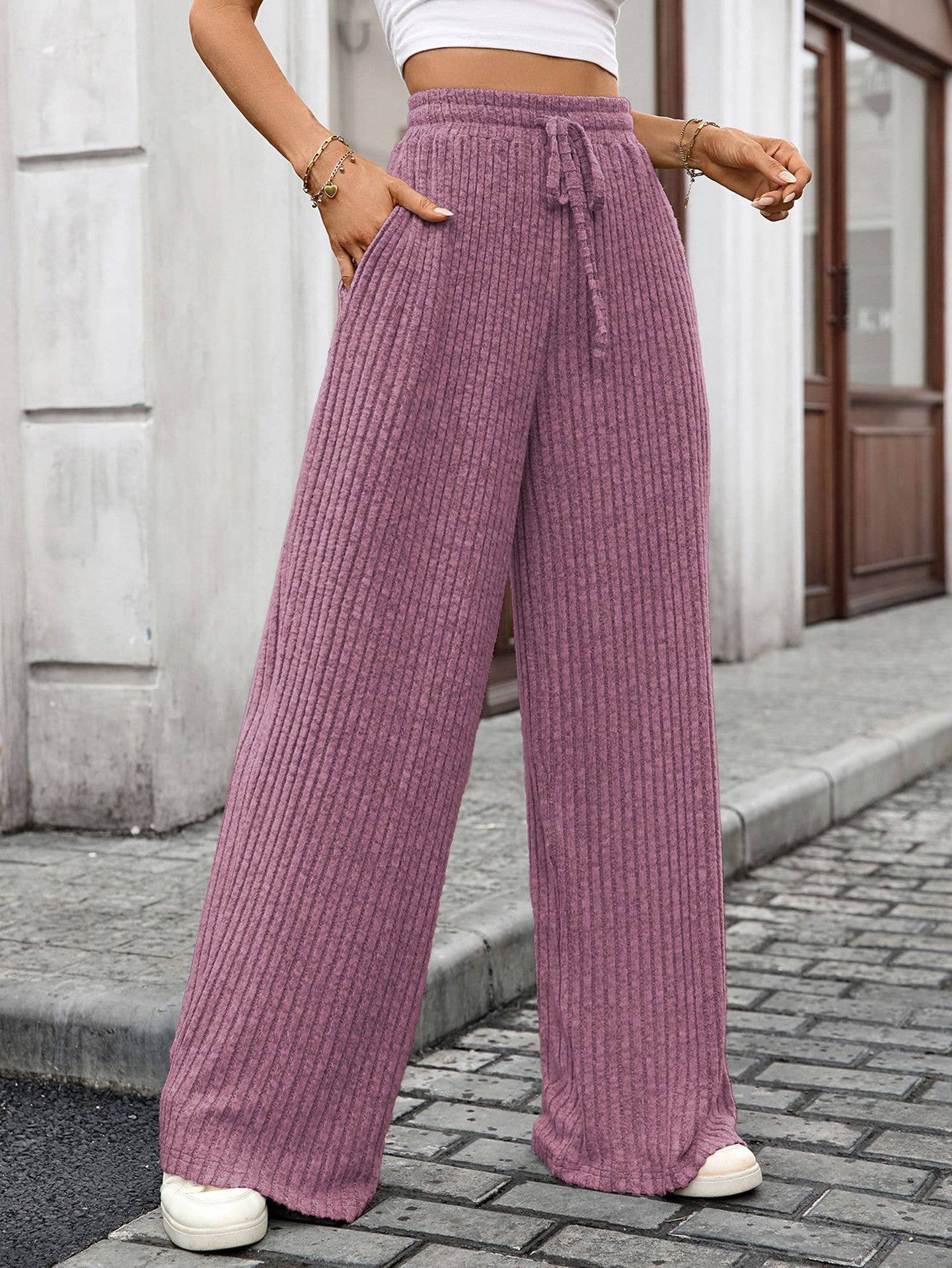 Drawstring pit strip elastic waist long pants