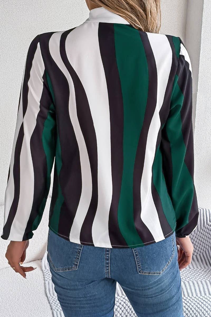 CWTSTL1207_LONG SLEEVE STRIPED LACE-UP CHIFFON SHIRT TOP