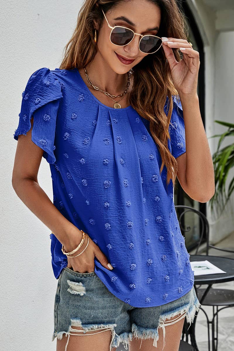 CWTBLS0342_Round neck Short Puff Sleeve Blouse