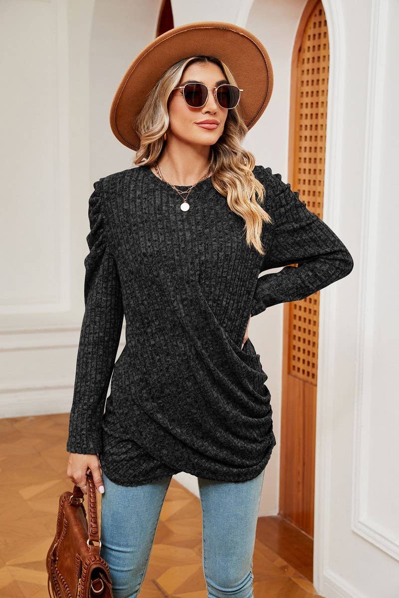 CWTBLL2403_ROUND NECK LONG SLEEVE TWISTED PUFF SLEEVE TOP