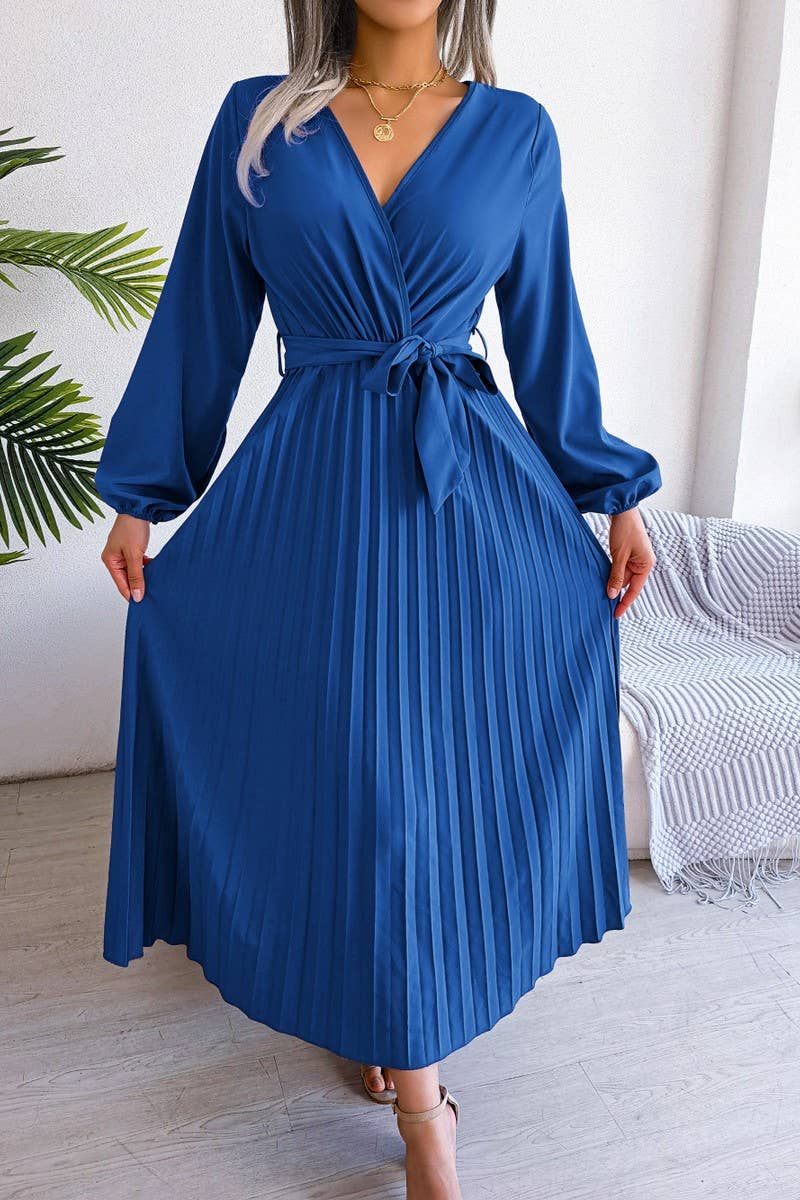 CROSSOVER V NECK PLEATED MAXI DRESS_CWDMD1174