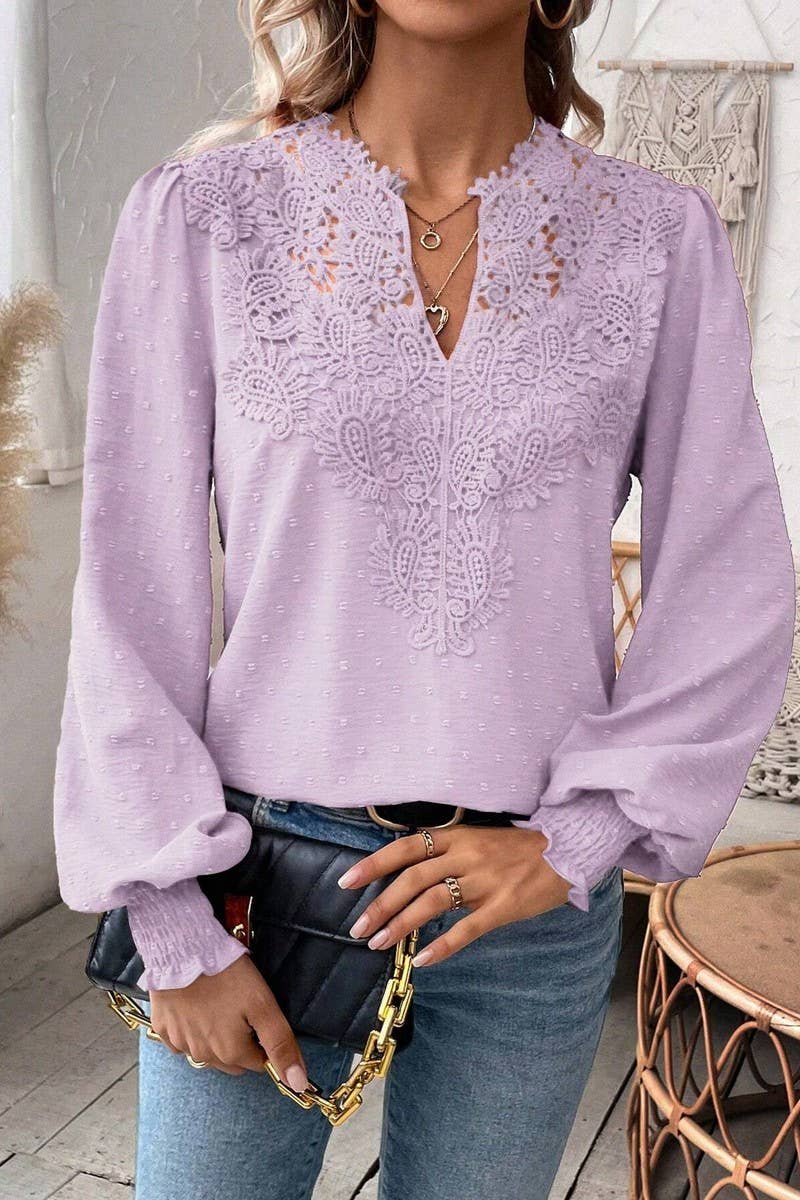 CWTTL2006_V-NECK LACE SOLID COLOR LONG-SLEEVED CASUAL TOP