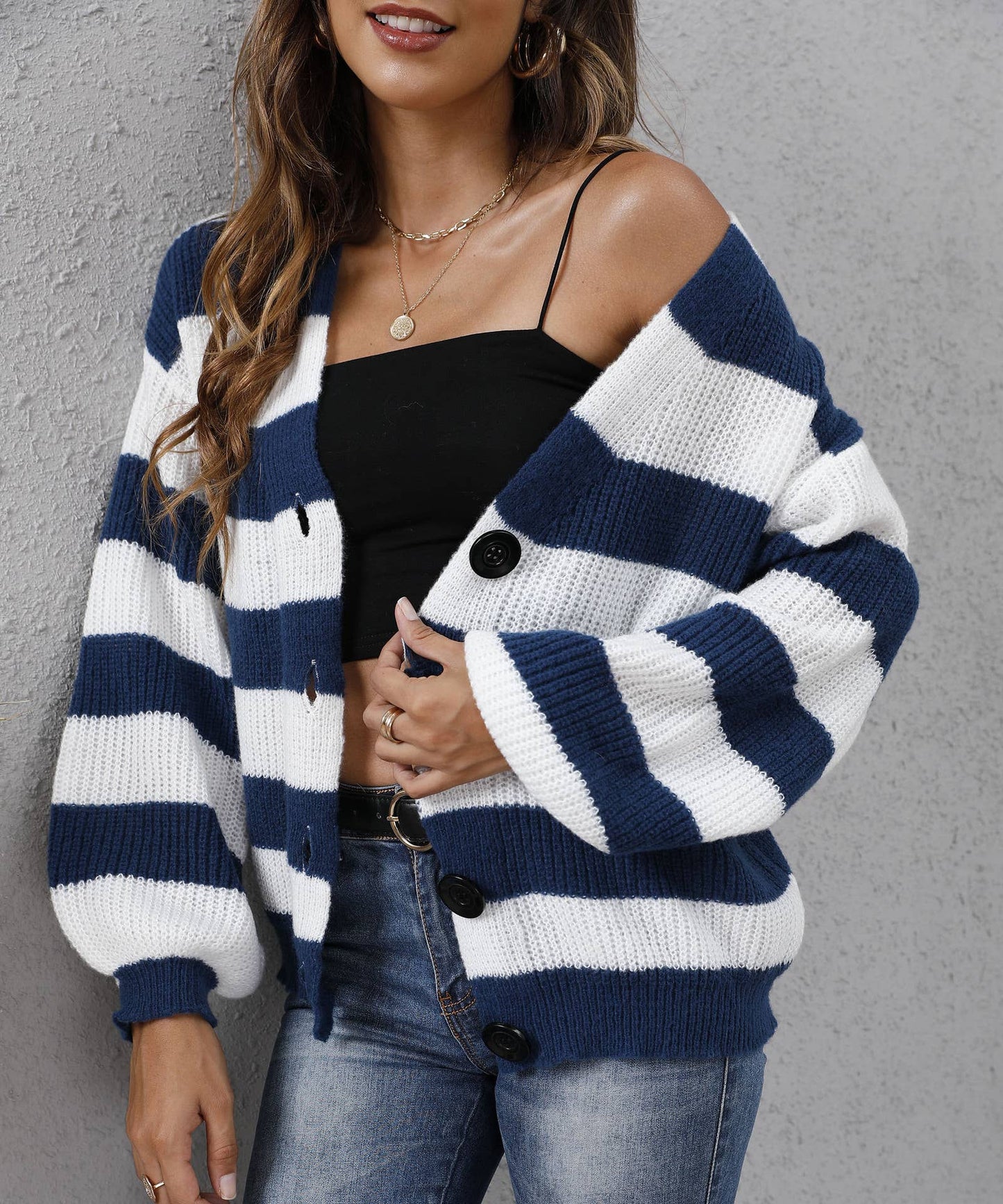 COLOR CONTRAST STRIPED BUTTON KNIT COAT