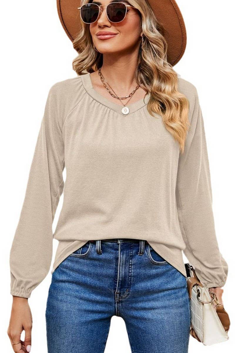 CWTBLL2370_LONG SLEEVE V NECK PLEATED LOOSE PULLOVER