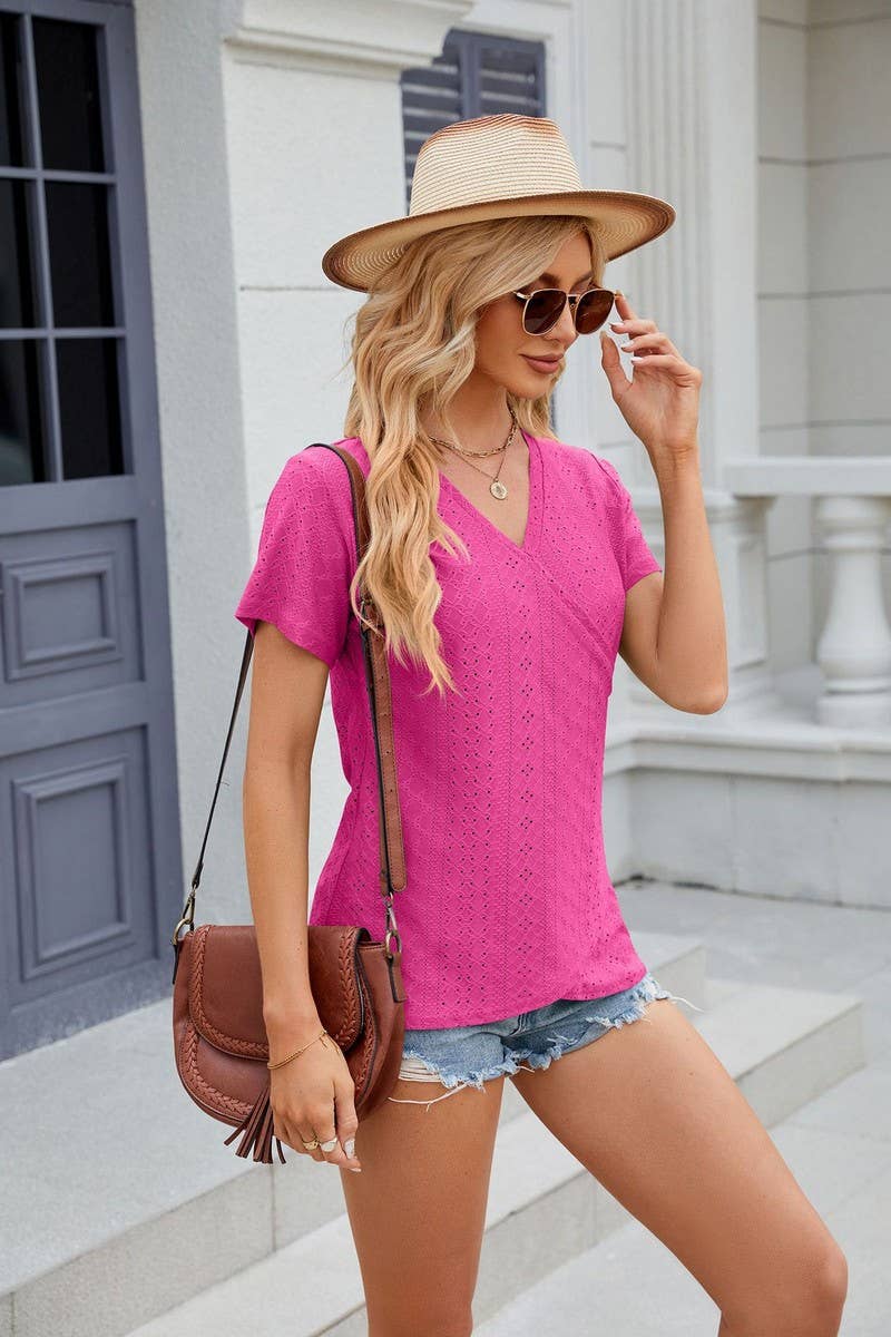 CWTTS0847_V-Neck Short Sleeve Knit Top
