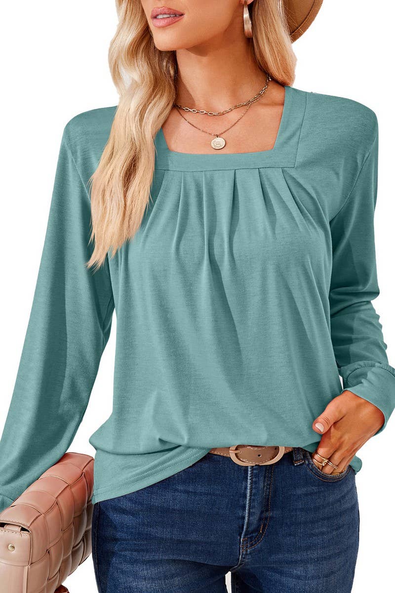 CWTBLL2409_SOLID COLOR SQUARE NECK PLEATED LONG SLEEVE TOP