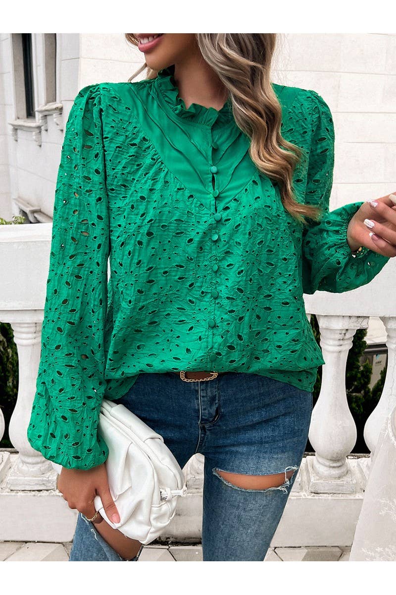 CWTBLL1140_Fashion Woven Hollow Puffy Sleeve Blouse