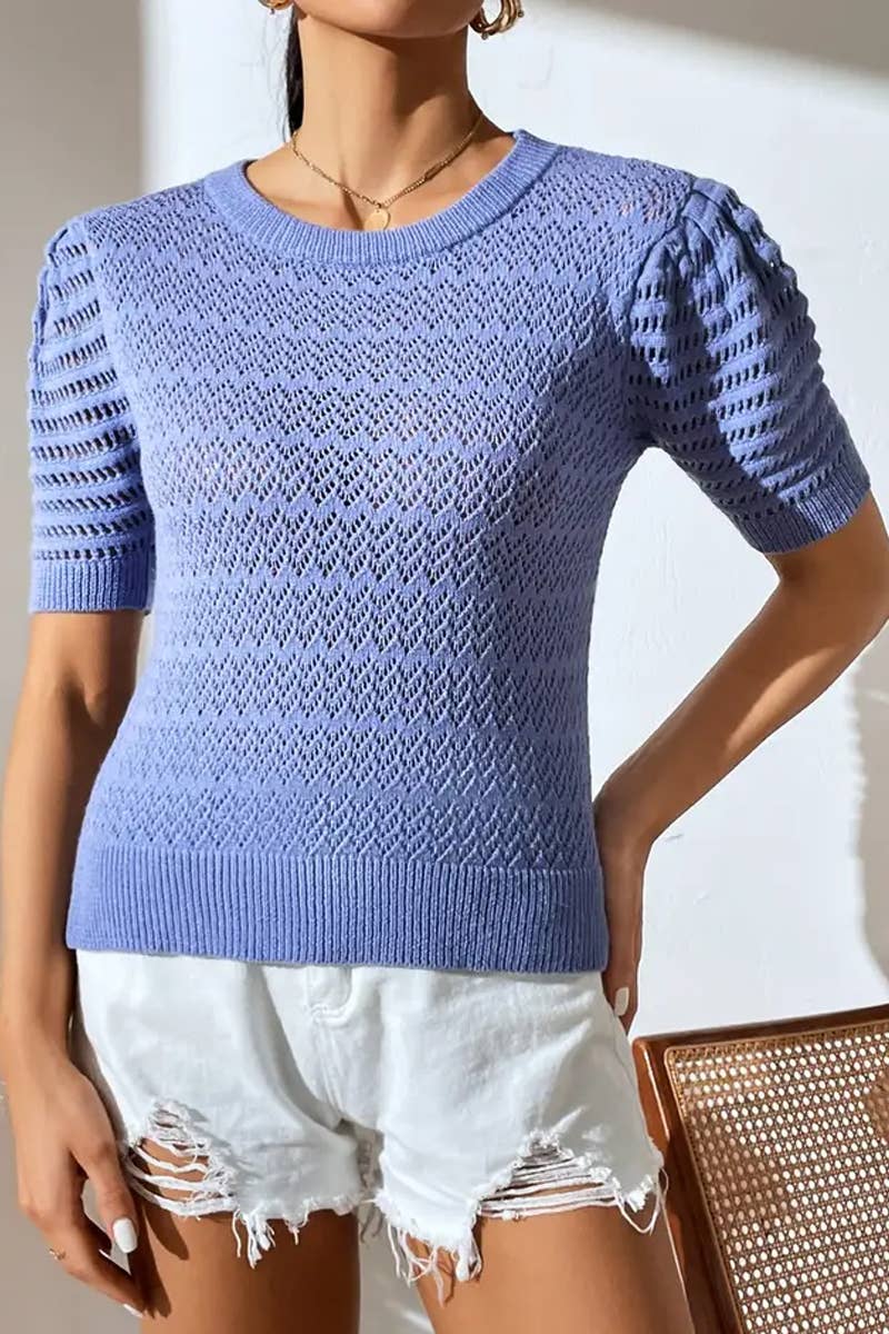CWTBLS1766_SPRING AND SUMMER HOLLOW SOLID COLOR PULLOVER TOP