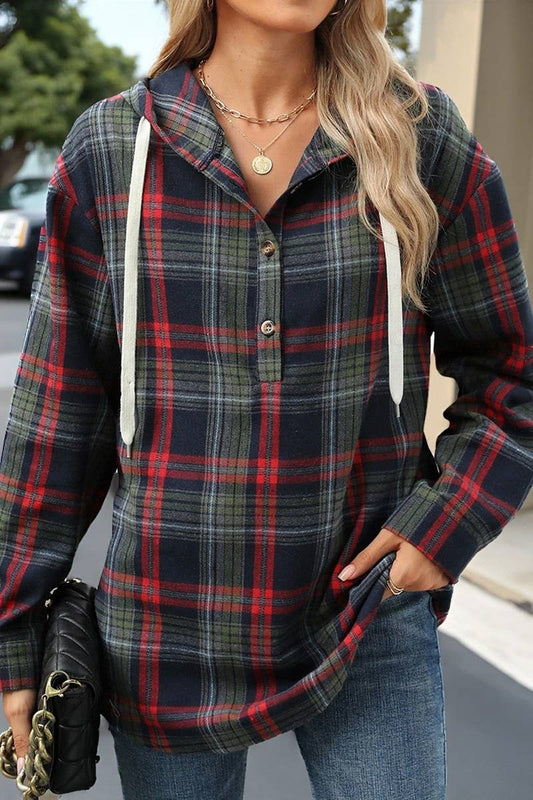 CWOHOL00663_PLAID DRAWSTRING HOODED LOOSE SWEATSHIRT