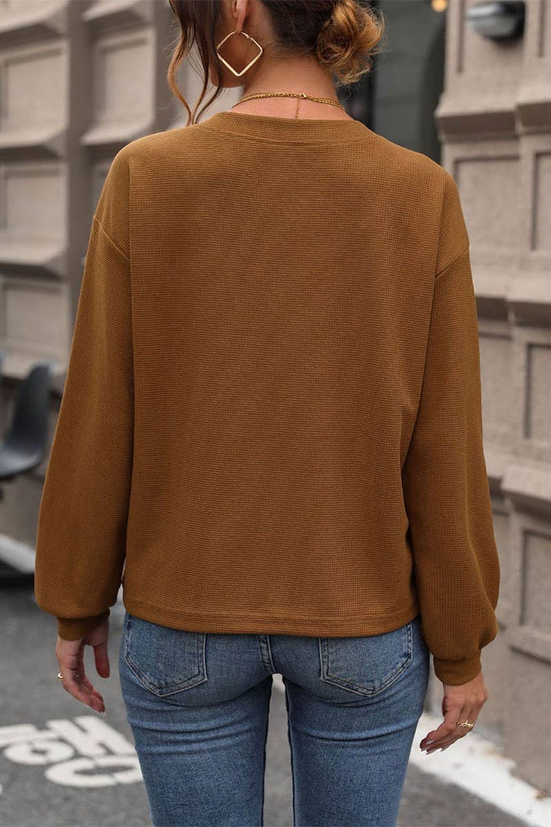 CWTBLL1243_WAFFLE V-NECK LONG-SLEEVED T-SHIRT