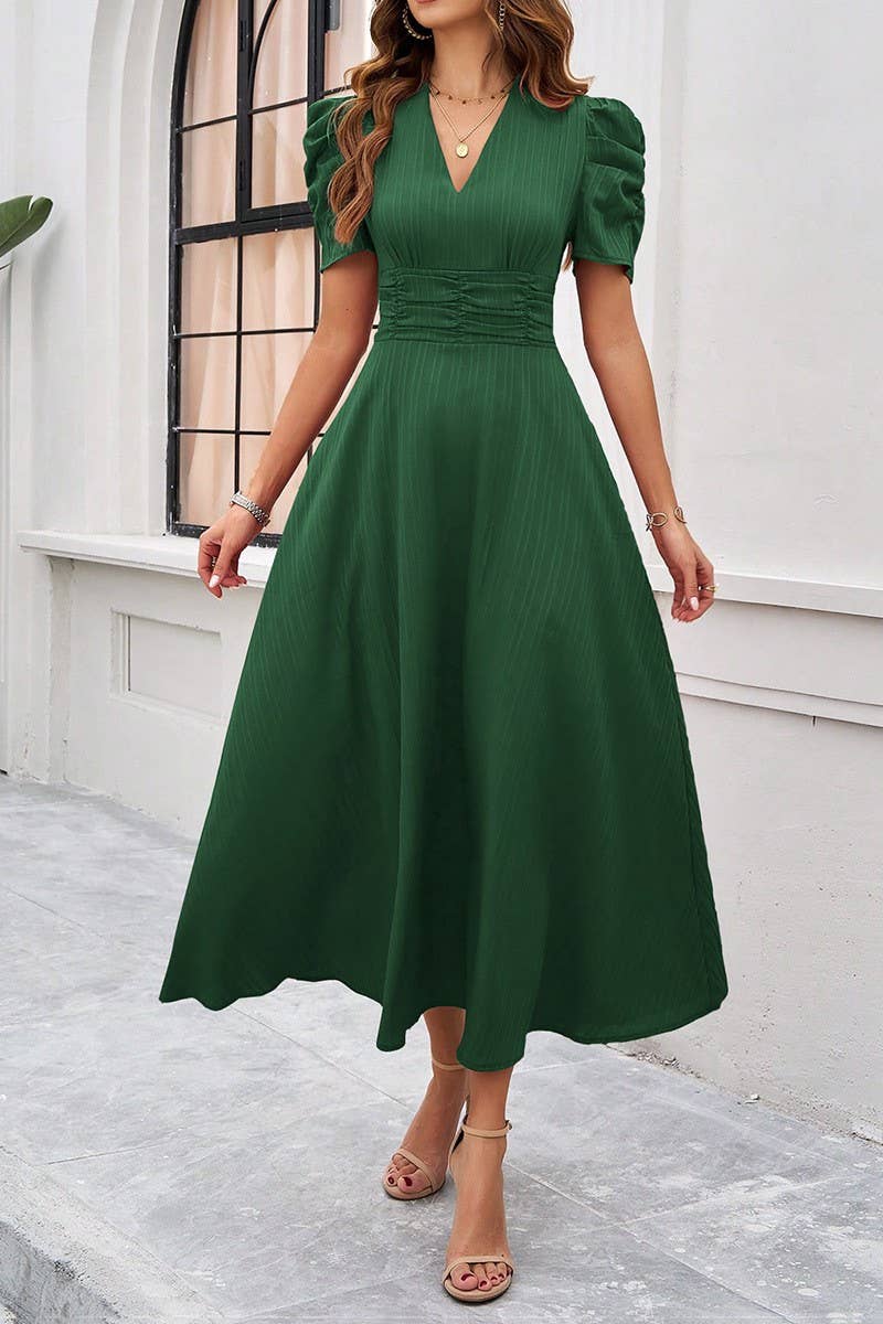 CWDMD6446_TEMPERAMENT HIGH WAIST SOLID COLOR WAIST DRESS