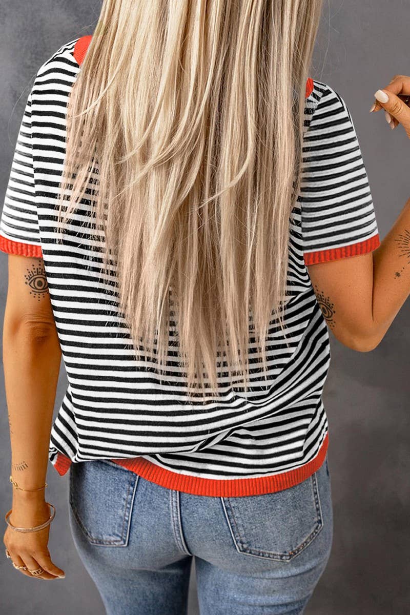 CWOSWS0125_CREW NECK STRIPED CONTRAST SHORT SLEEVE KNIT TOP