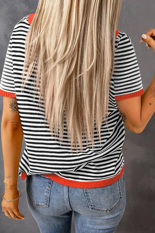 CWOSWS0125_CREW NECK STRIPED CONTRAST SHORT SLEEVE KNIT TOP