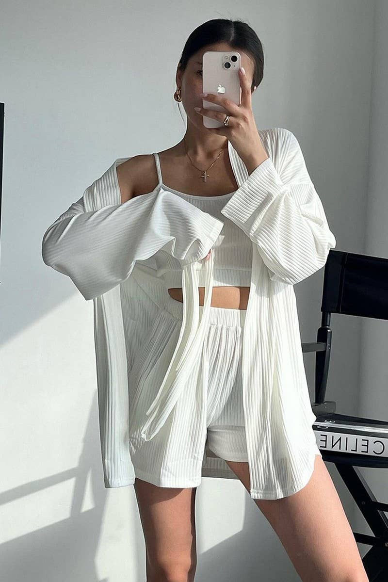 CWSPJ0402_KNITTED LONG SLEEVE SUSPENDER SHORTS PAJAMA SET