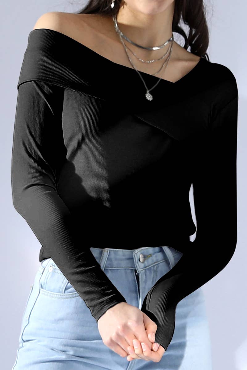 CWTTL1103_LONG SLEEVE ONE SHOULDER 2 LAYER T SHIRT TOP