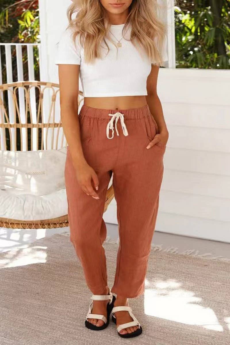 CWBLP01033_LOOSE DRAWSTRING LINEN STRAIGHT CROPPED PANTS