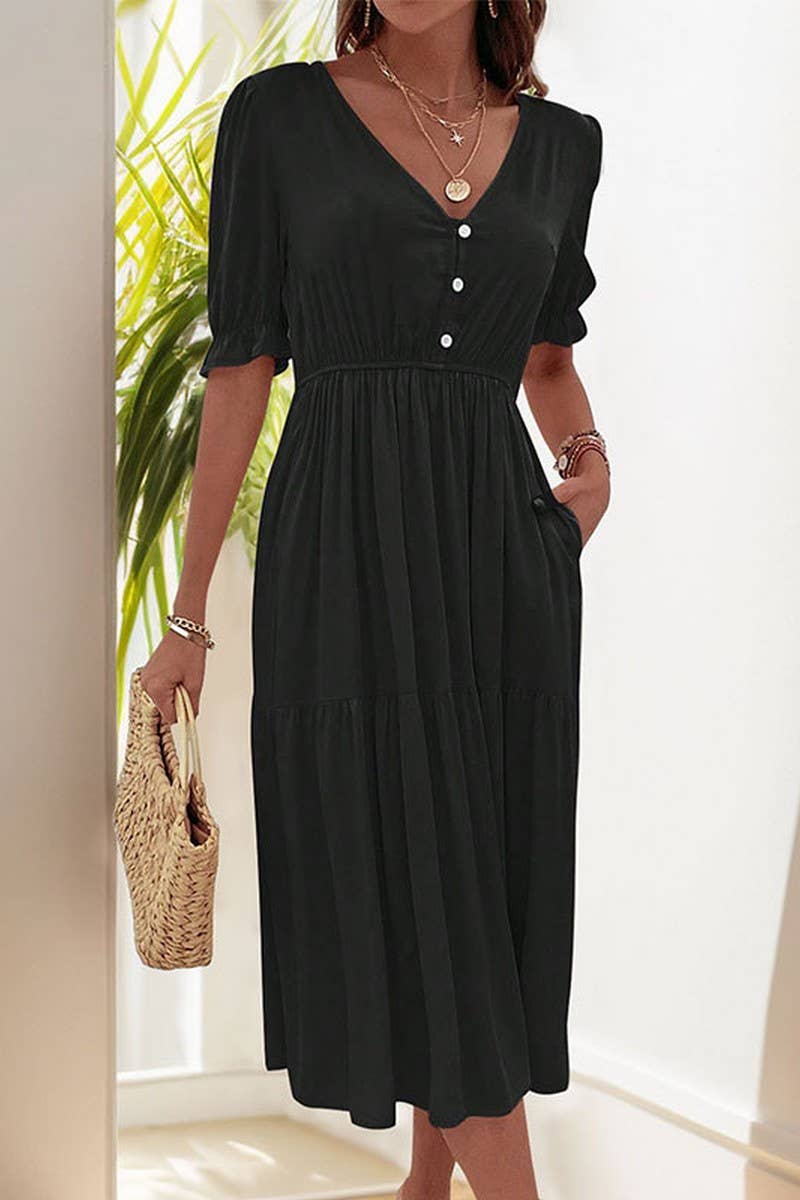 CWDMD5783_CASUAL RUCHED PUFF SLEEVE V-NECK SOLID DRESS