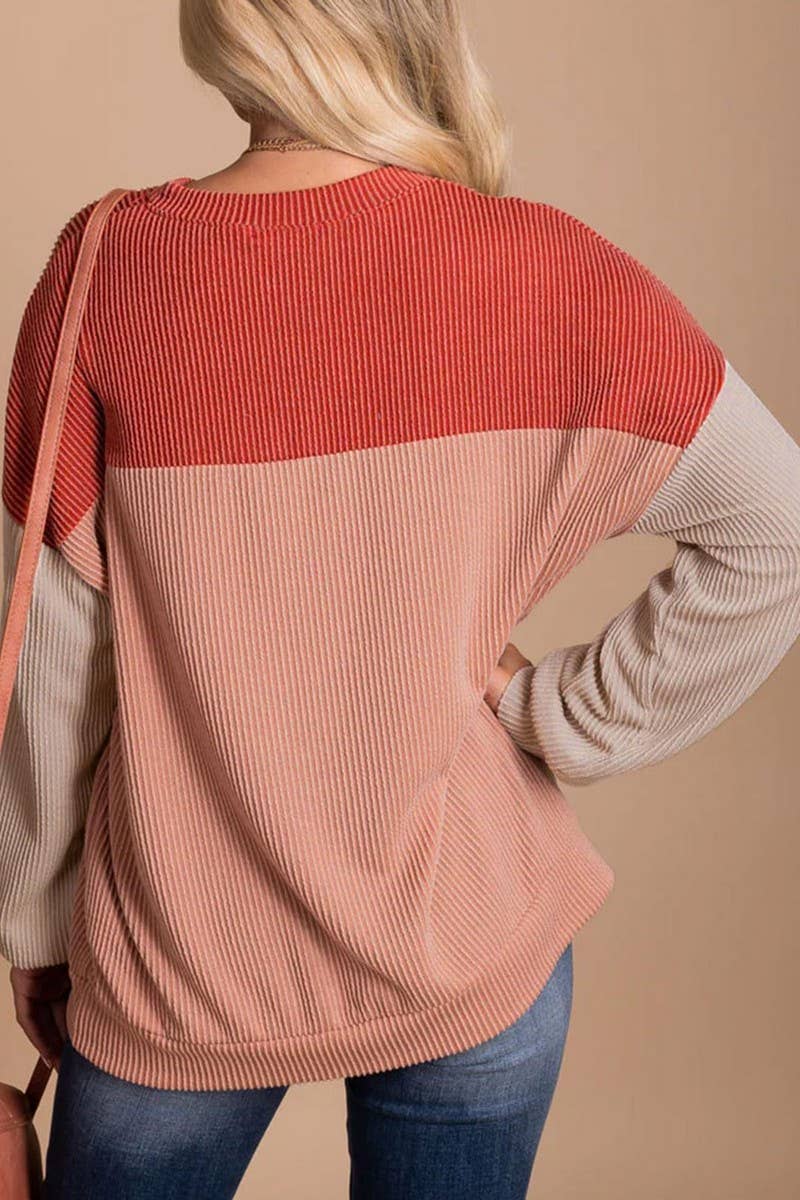 CWTBLL1828_ROUND NECK TWISTED STRIPE COLOR BLOCK LOOSE TOP