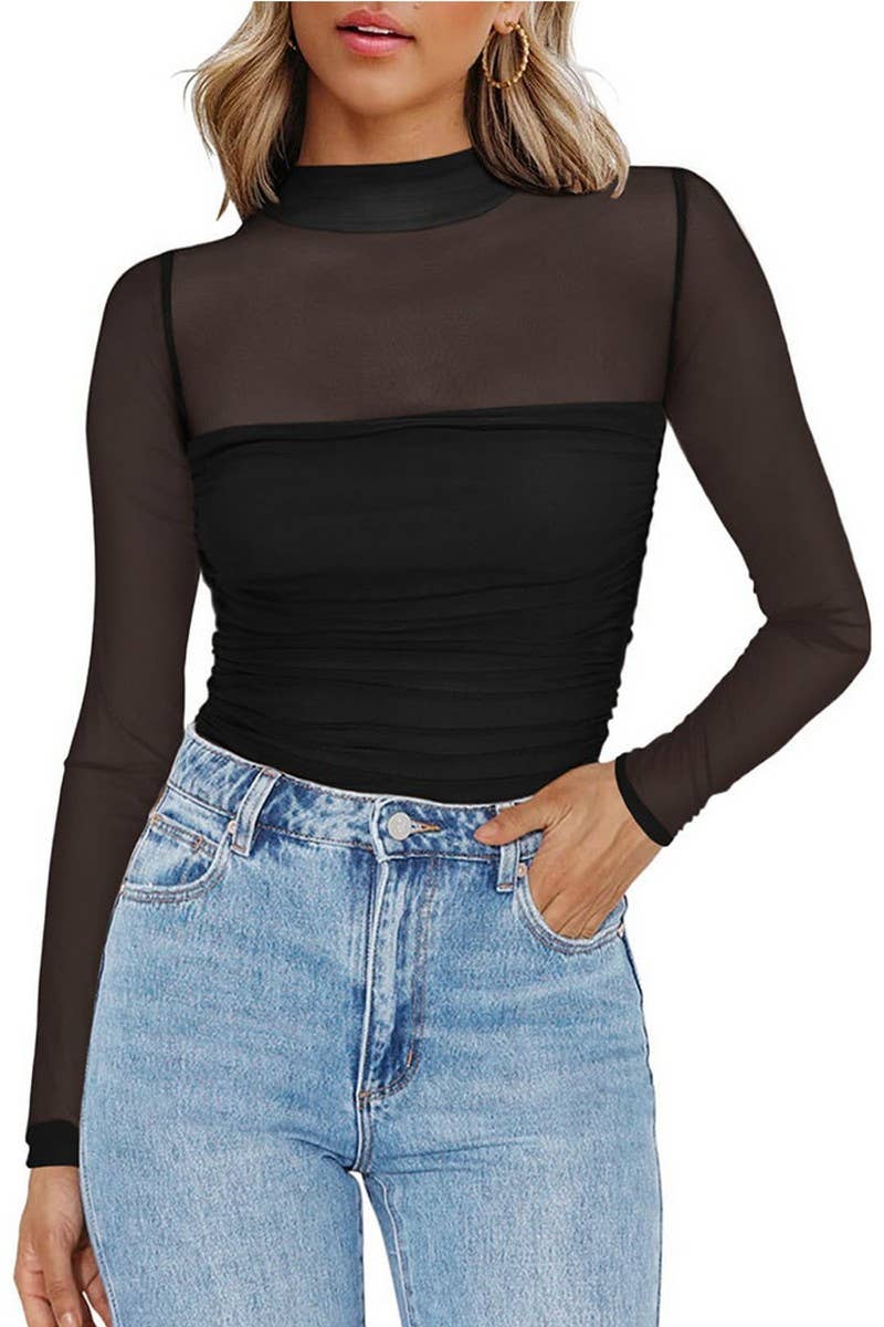 CWTTL2005_WOMEN'S HALF TURTLENECK SEE-THROUGH SEXY T-SHIRT