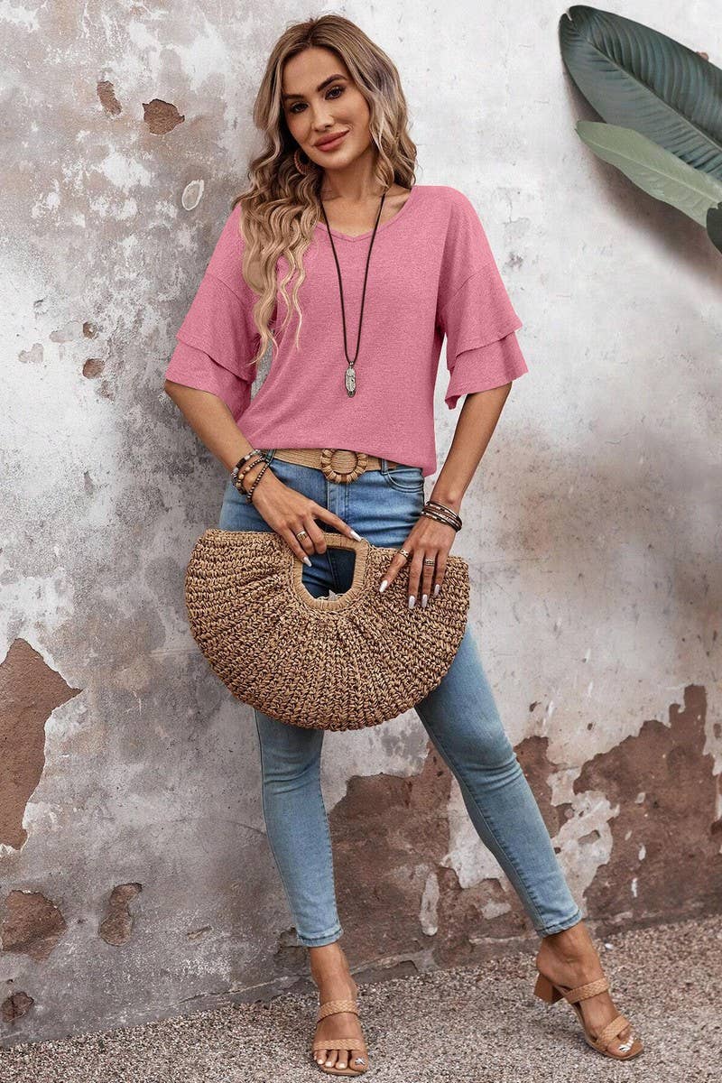 CWTBLS1614_SOLID COLOR V-NECK DOUBLE-LAYER SLEEVE T-SHIRT