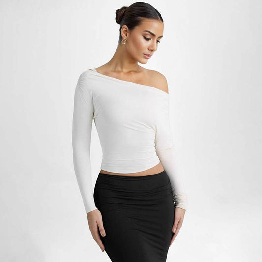 DIAGONAL NECK PLEATED WAIST SOLID COLOR T-SHIRT