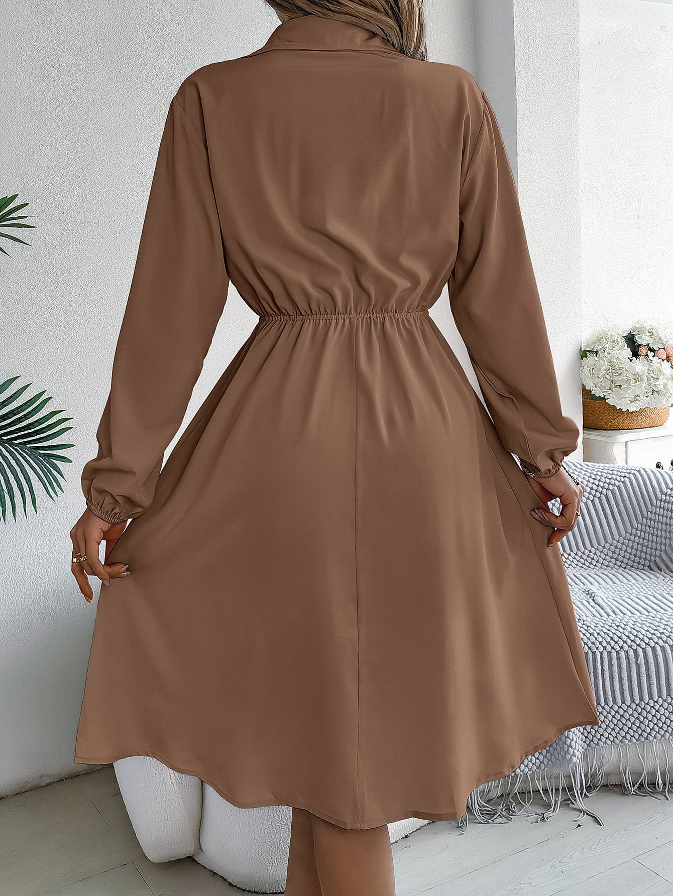 CASUAL BUTTON-UP WAIST LONG SLEEVE SHIRT DRESS