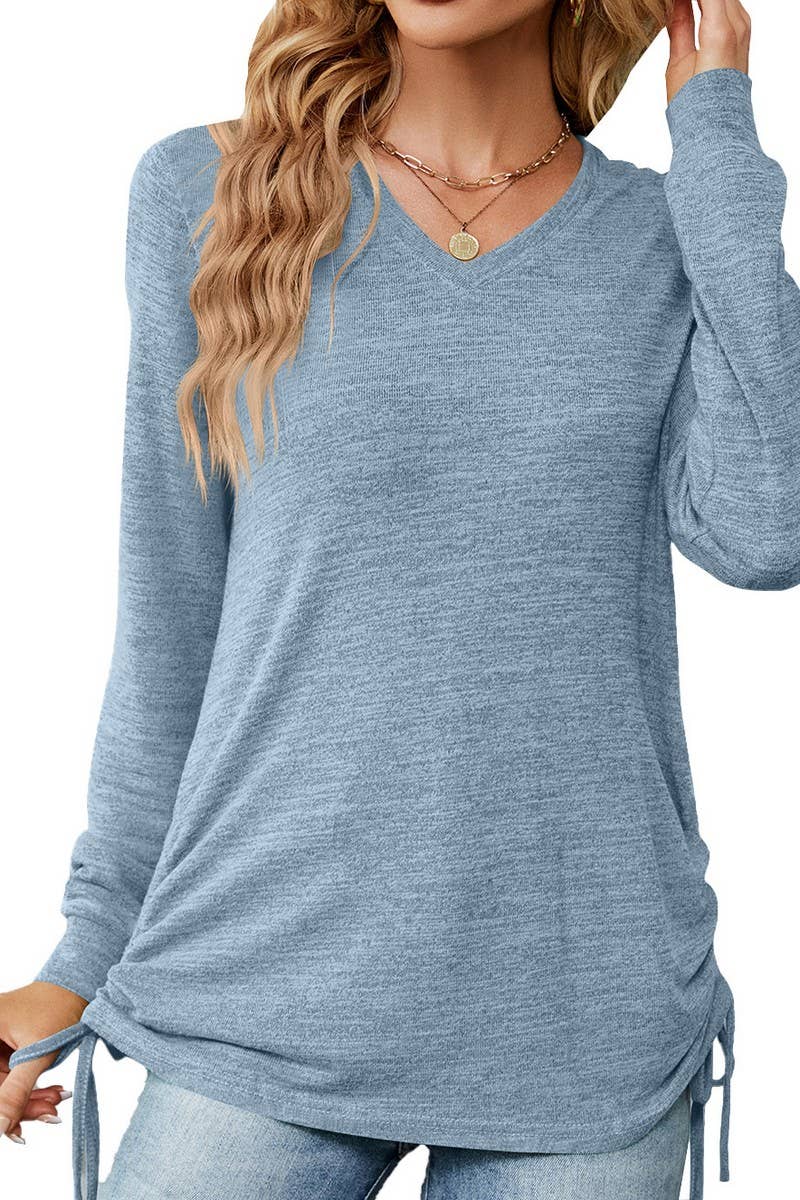 CWTBLL3662_WOMEN'S V-NECK PLEATED LONG SLEEVED LOOSE T-SHIRT