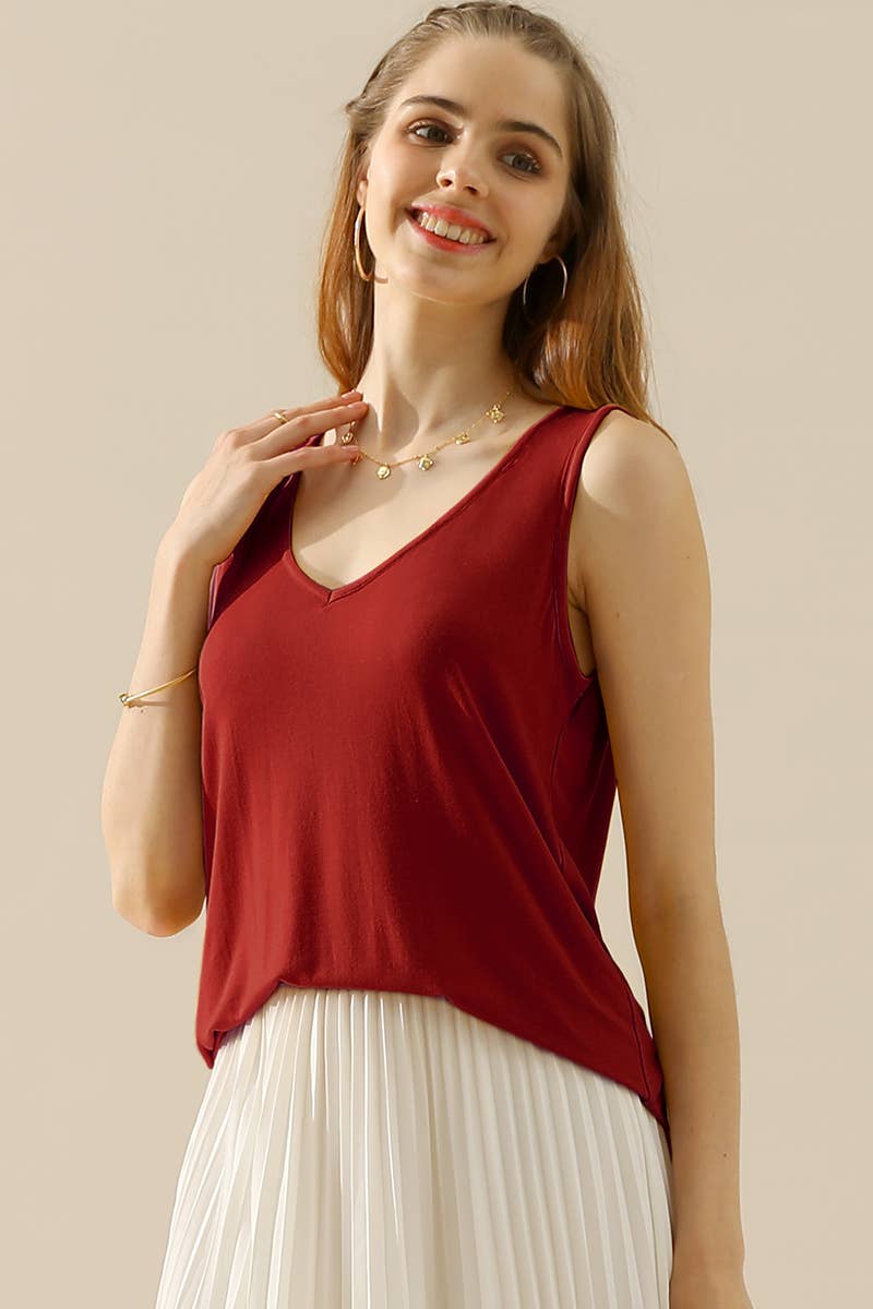 CWTTSL193-P_V NECK WIDE SLEEVELESS SOLID TEE SHIRTS TOPS