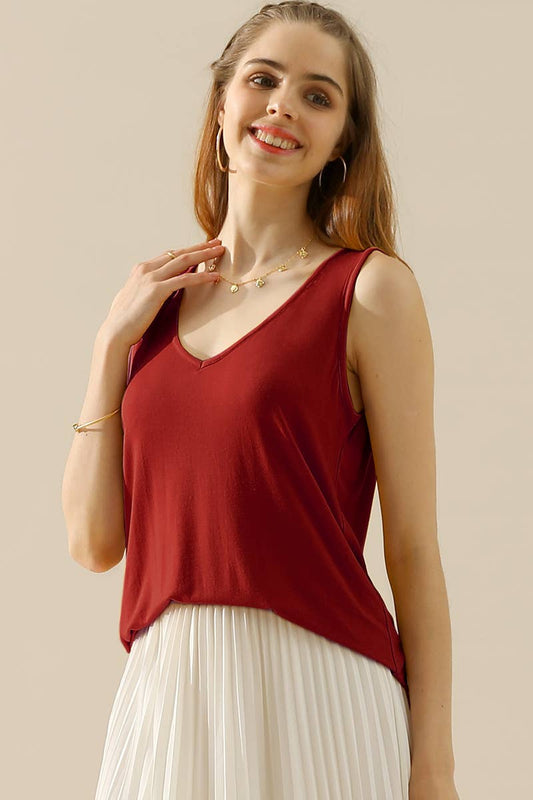 CWTTSL193_V NECK WIDE SLEEVELESS SOLID TEE SHIRTS TOPS